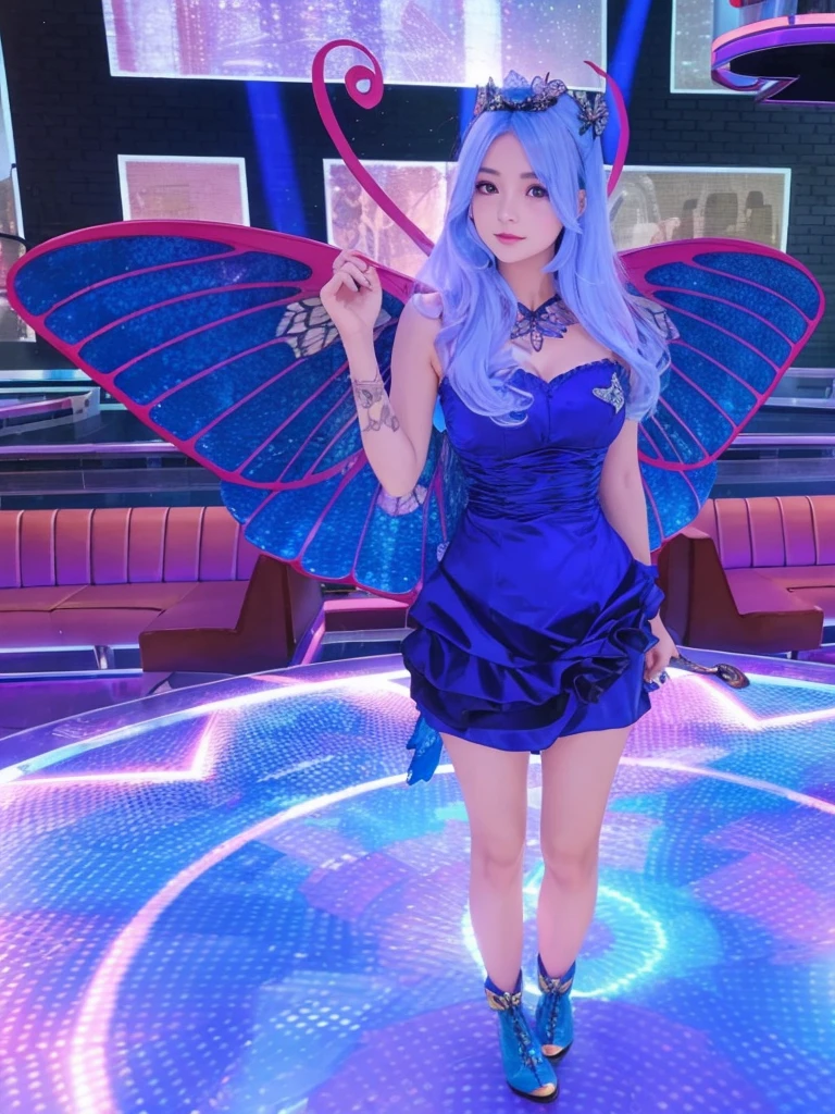 A beautiful girl with full body and fair skin. wearing blue dress, blue butterfly wings, with straight blue hair and blue boots.