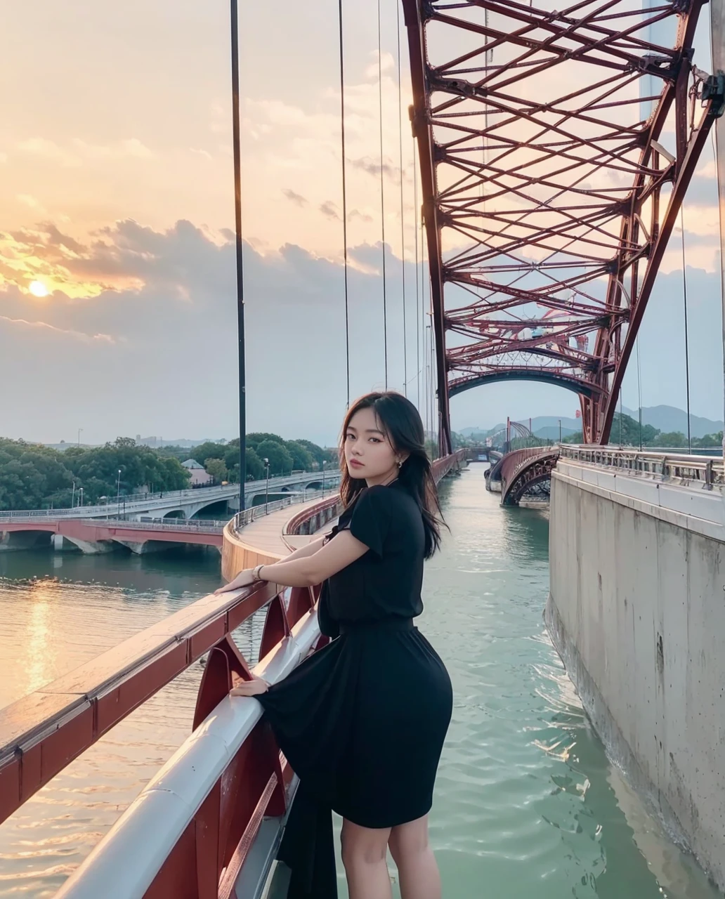Beautiful woman in a black dress standing on a bridge, standing on a bridge, with sunset, connected with hanging bridge!!, dang my linh, on a bridge, during sunset, photo taken in 2 0 2 0, shot on nikon z9, picture, a picture, taken in 2 0 2 0, taken with sony alpha 9, hight quality photo