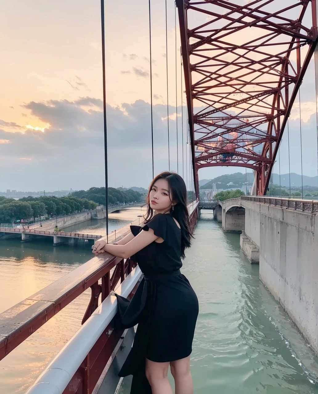 Beautiful woman in a black dress standing on a bridge, standing on a bridge, with sunset, connected with hanging bridge!!, dang my linh, on a bridge, during sunset, photo taken in 2 0 2 0, shot on nikon z9, picture, a picture, taken in 2 0 2 0, taken with sony alpha 9, hight quality photo