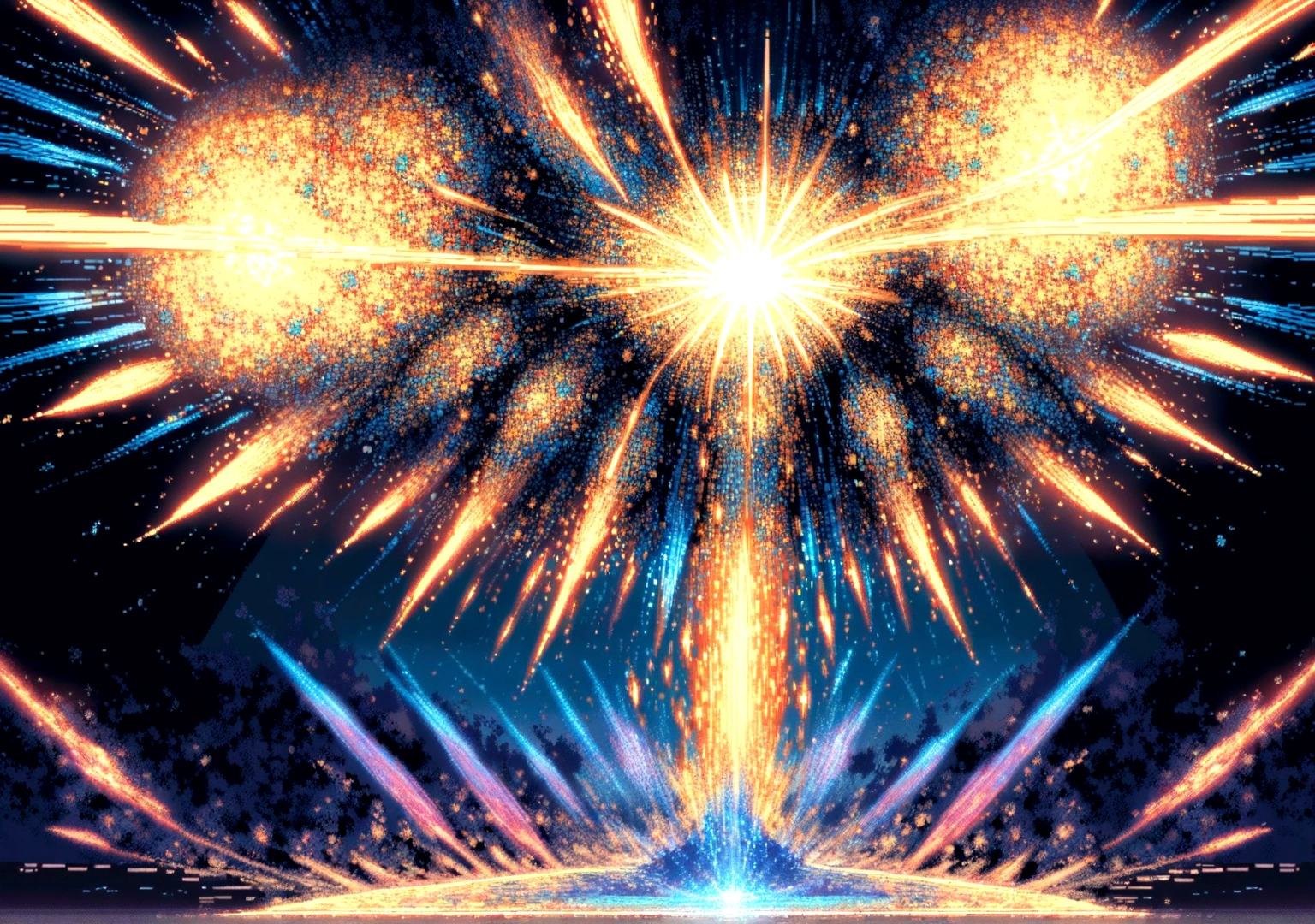 • Elements: A pixel art spaceship shoots beams of light to destroy asteroids and pixel art enemies. The screen is made up of a matrix of code that distorts with the music.

• Colors: Dark shades of blue and black with points of white and yellow light.

• Animation: The spaceship moves to the music, shoots rays of light and explosion effects create a psychedelic effect. The code matrix distorts with the music, creating a glitch effect.