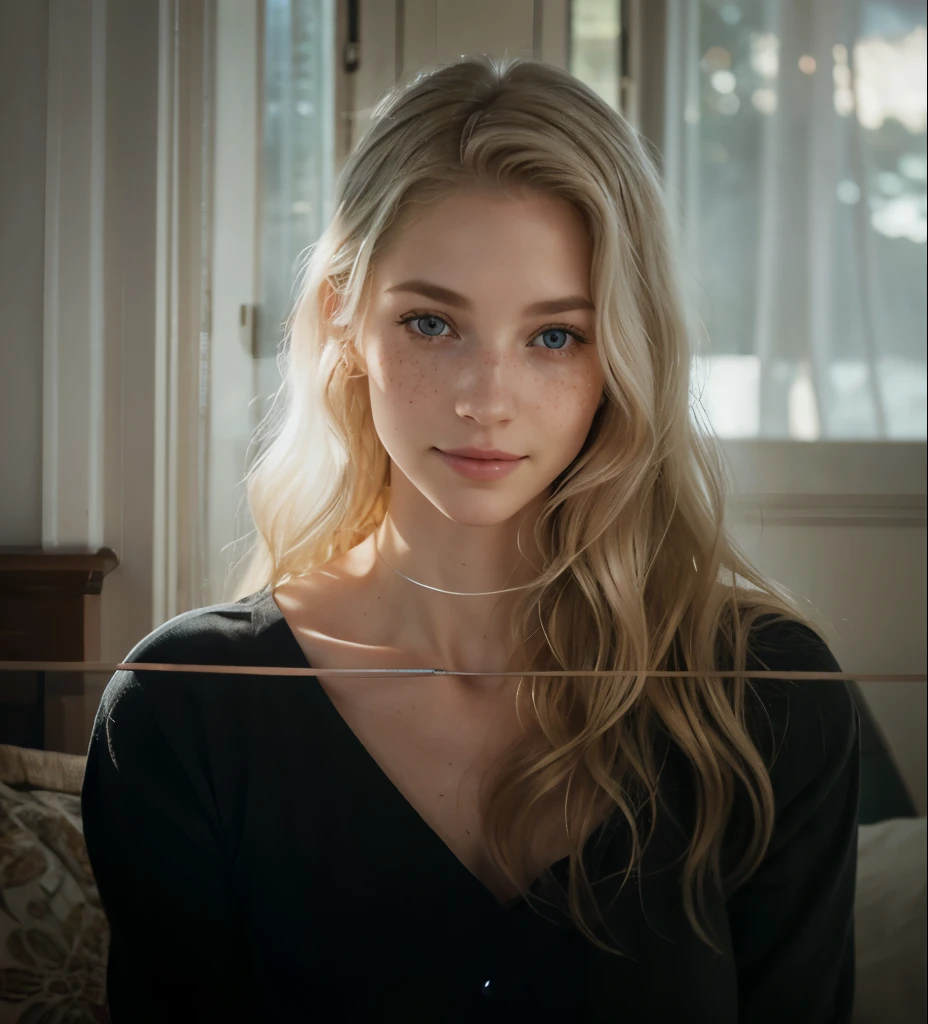 a one woman, americana, age 25, pale skin and freckles, grey-eyed, delicate nose, soft and delicate lips, distant, distant, wavy, waist-length blonde hair, Sweet smile, face with delicate feminine facial features, Highly Rendering 