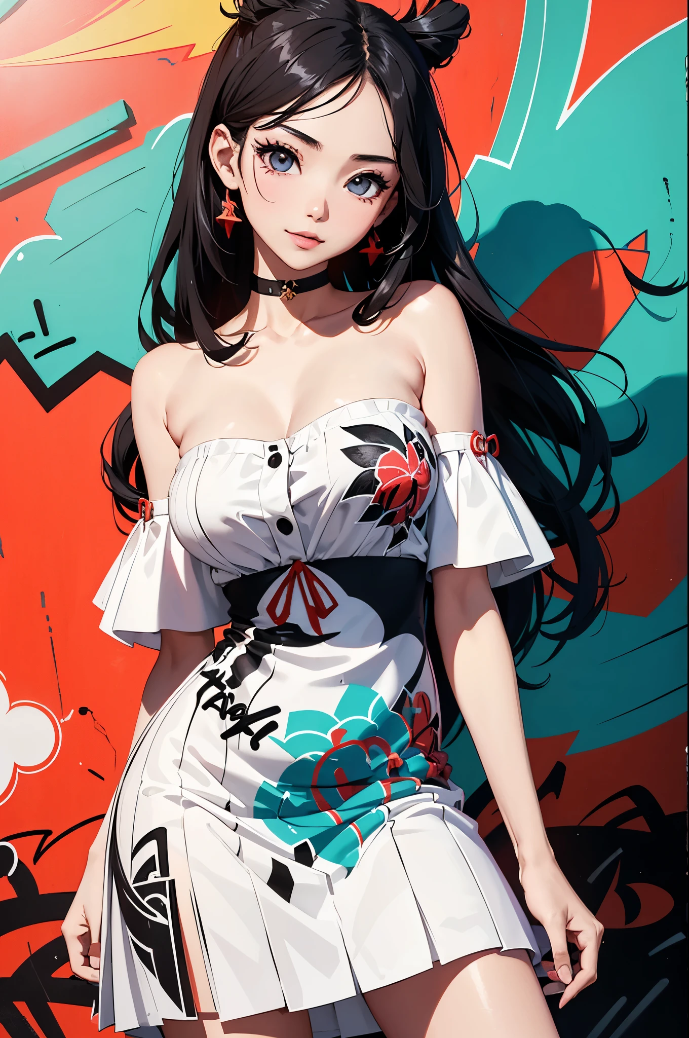 Flat Illustration artwork, ((Angelababy)) in a strapless dress standing in front of simple background, up close, wear dark sunglasses, korean pop-star, big smile, black hair, pretty hands, fringe, simple red background, palm trees, (graffiti wall:1.2), ((Art style by Patrick Nagel)), ((8k, wallpaper, detailed)), strong, courageous, art by Patrick Nagel, music album art cover