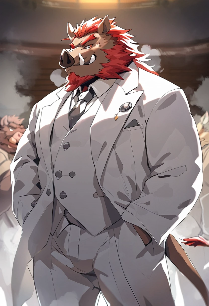 Wild Boar,personification,Mature male,Bad Uncle,Smirk,Powerful body,Black pupil,Red eyebrows,Red hair,White suit suit,Hands in pockets,The Age of Steam,bar。
