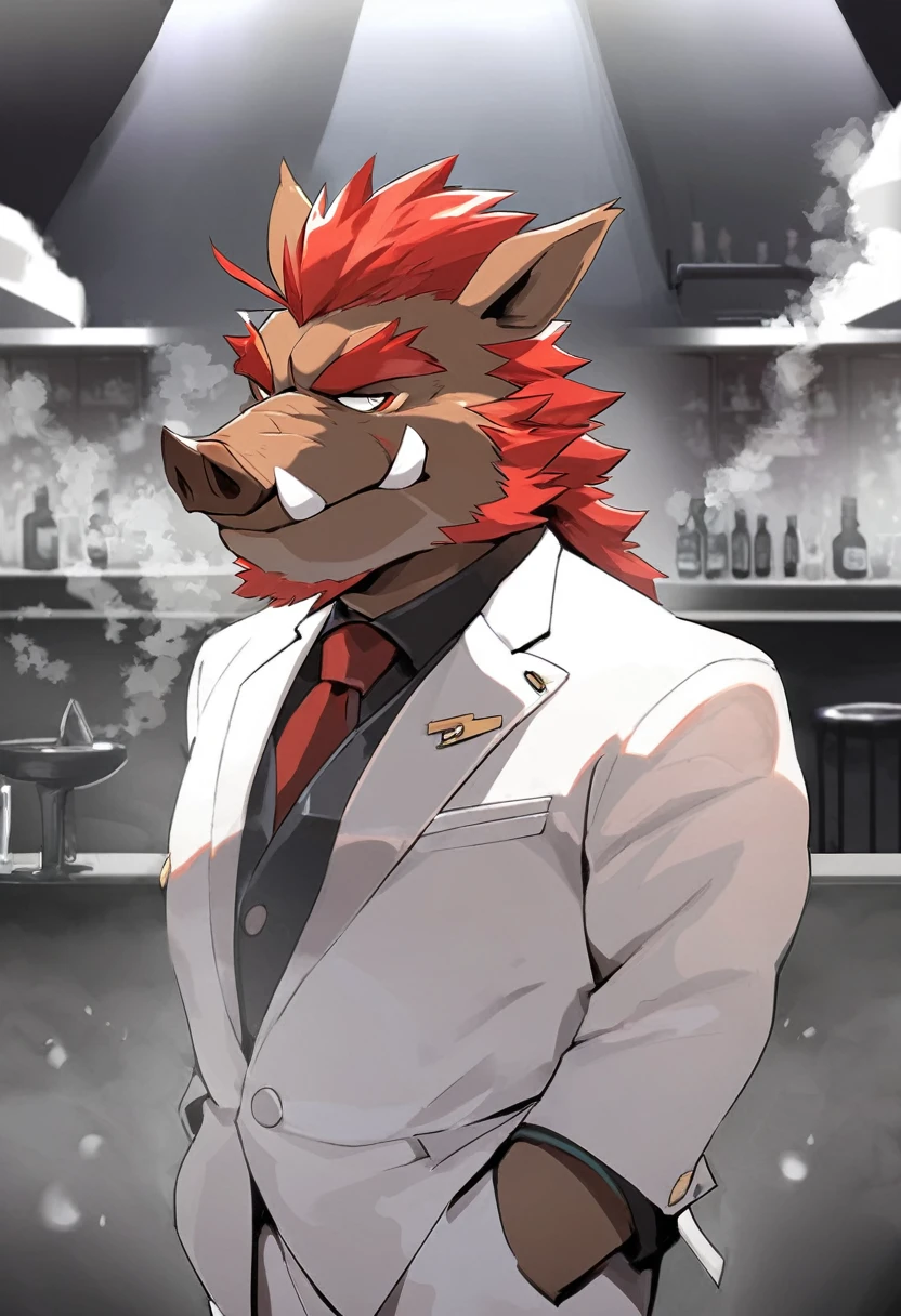 Wild Boar，personification，Mature male，Bad Uncle，Smirk，Powerful body，Black pupil，Red eyebrows，Red hair，White suit suit，Hands in pockets，The Age of Steam，bar。