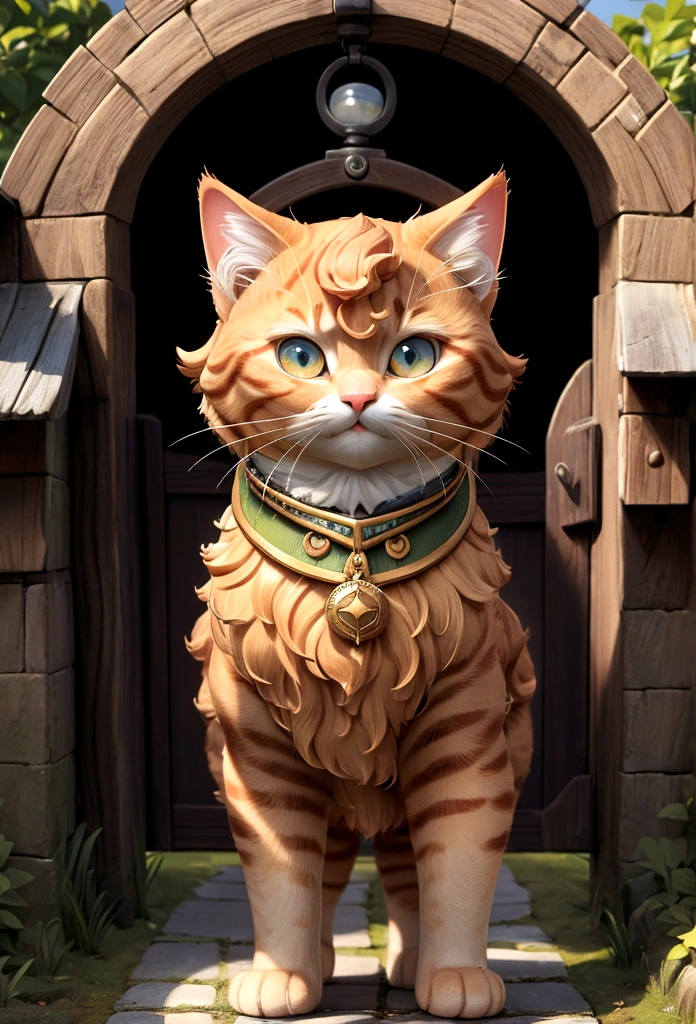 In a small, peaceful village surrounded by rolling hills, a fluffy ginger cat named Captain Oliver stood proudly at the gate of his home. Captain Oliver, standing like a human being, wore crisp military clothes adorned with medals. His big, round eyes were filled with determination as he looked out over the horizon. (good quality:1.2), (Ultradetailed:1.2), (ultradetailed face:1.2), (ultradetailed body:1.2)