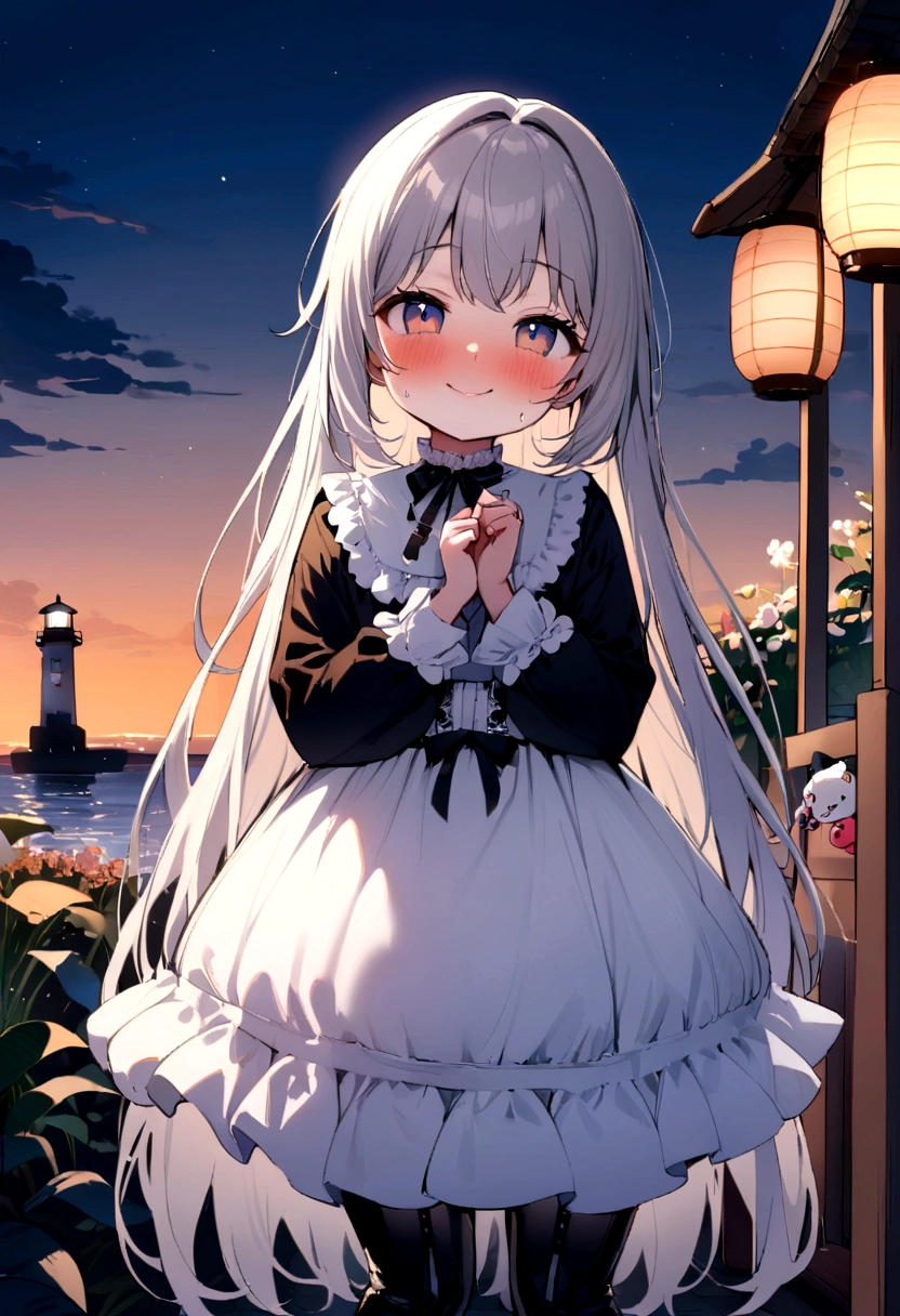 twilight, nightfall, tall lanterns, dusk sea on the background, lighthouse far away, city garden, beautiful, masterpiece, 1-girl, teen aged, long lolita style white dress, happy face, blush on the cheeks, very long fair hair, high black leather boots, nsfw, charm,love