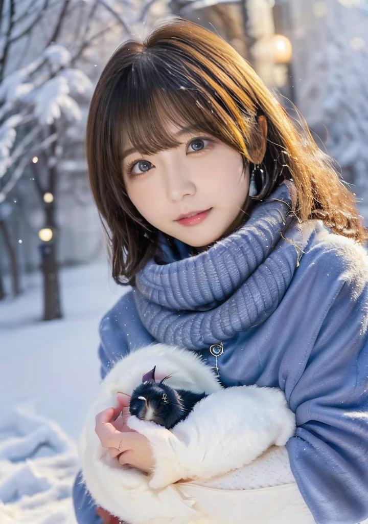 Blue Eyes、Holding a kitten、Photo from the waist up、Night city illumination shot、Cowgirl Shot、Fur coat、豪華なグレーのミンクのFur coat、Wear fine leather boots、Luxury Bags、Inner turtleneck、Silver necklace and small silver earrings Millionaire style:1.4))、Full body photo、smile、 Caustics、Highly detailed photos、Very beautiful woman 、Ample breasts、No makeup、(8K、RAW Photos、Highest quality、masterpiece:1.2)、(Realistic、Realistic)、1 Girl、((Medium Short Hair、Midwinter、Cold region Snow falling、The wind is blowing、Fluttering Hair、Blur the background、Colorful illuminations、Looking into the camera:1.4))、