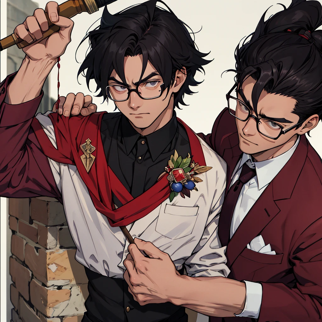 17 years old, unglued, wear wine-colored clothes, wear glasses, Bblack hair, moral look, carrying a stone representing his brute strength, a small lesbian flag brooch,アニメ