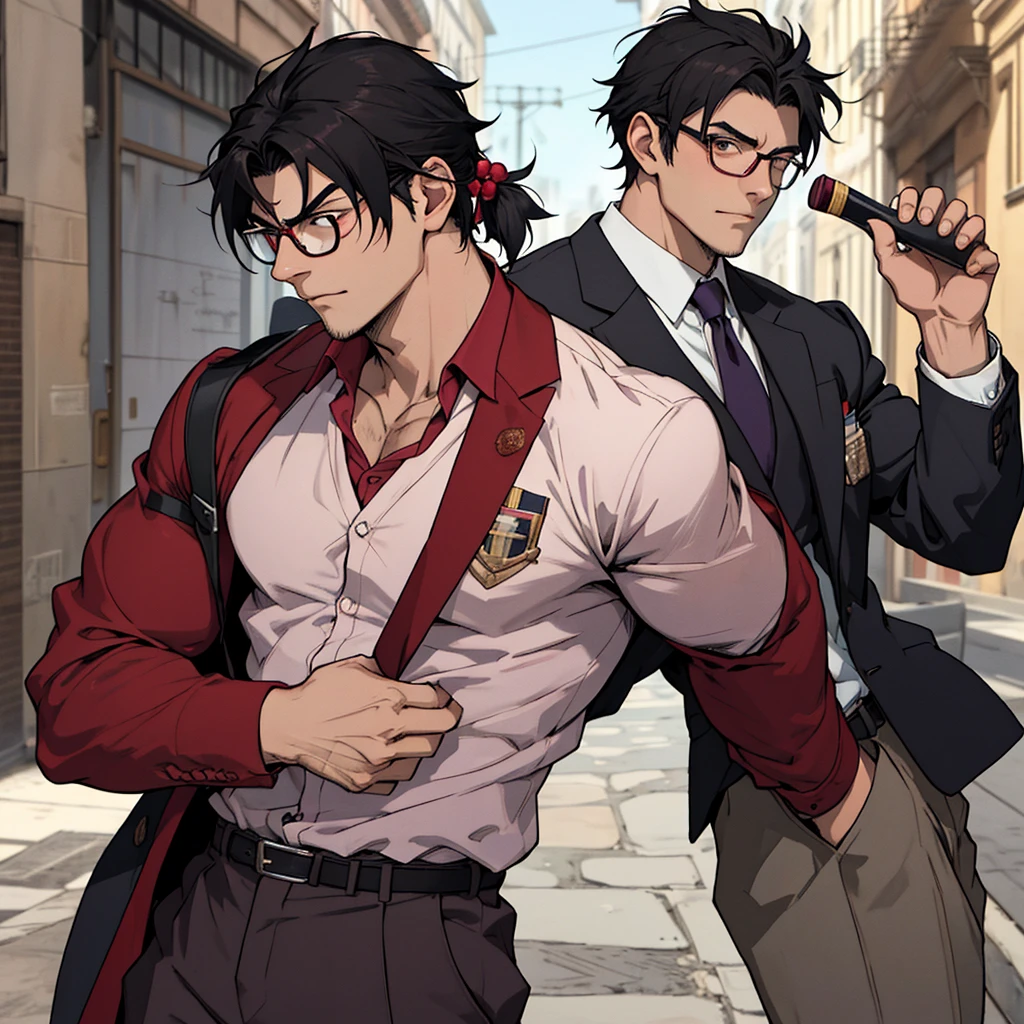  17 years old, unglued, wear wine-colored clothes, wear glasses, Bblack hair, moral look, carrying a stone representing his brute strength, a small lesbian flag brooch,アニメ