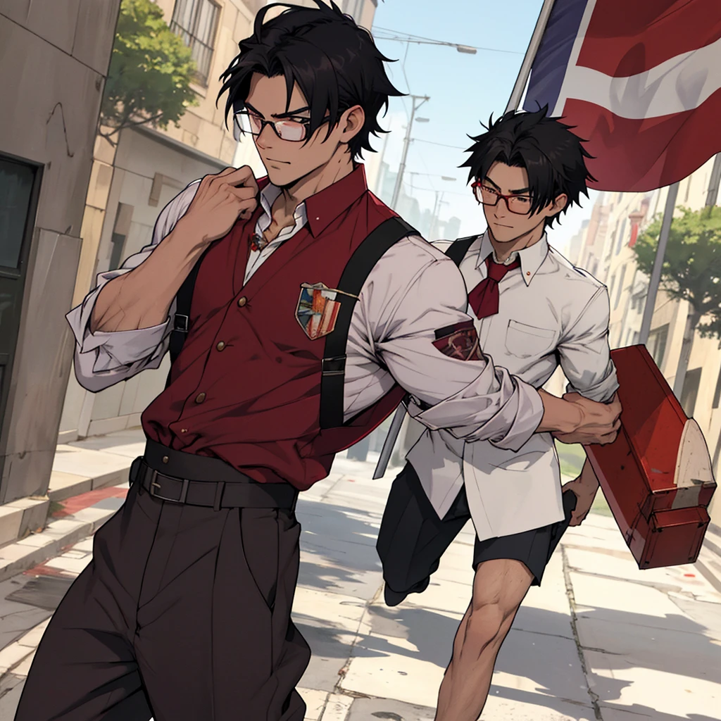 , unglued, wear wine-colored clothes, wear glasses, Bblack hair, moral look, carrying a stone representing his brute strength, a small lesbian flag brooch,アニメ