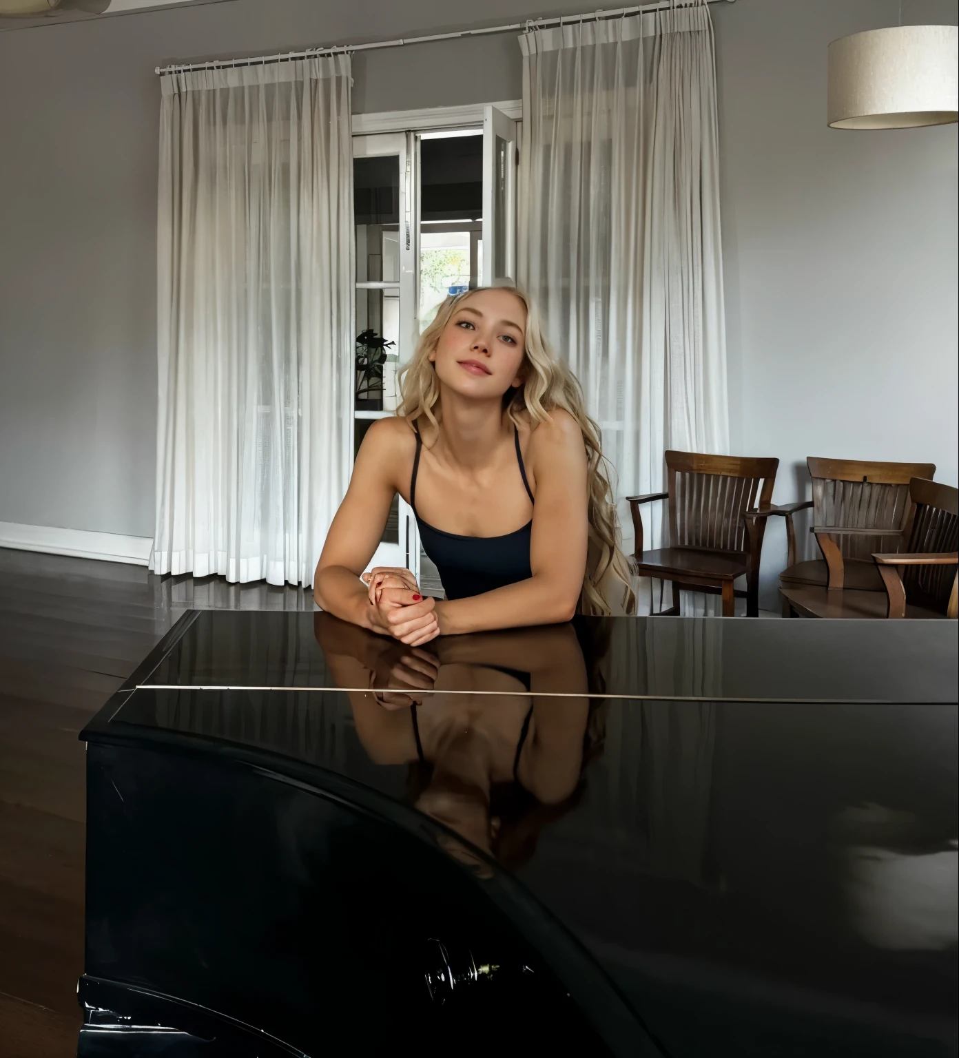 a one woman, americana, age 25, pale skin and freckles, grey-eyed, delicate nose, soft and delicate lips, distant, distant, wavy, waist-length blonde hair, Sweet smile, face with delicate feminine facial features, Highly Rendering