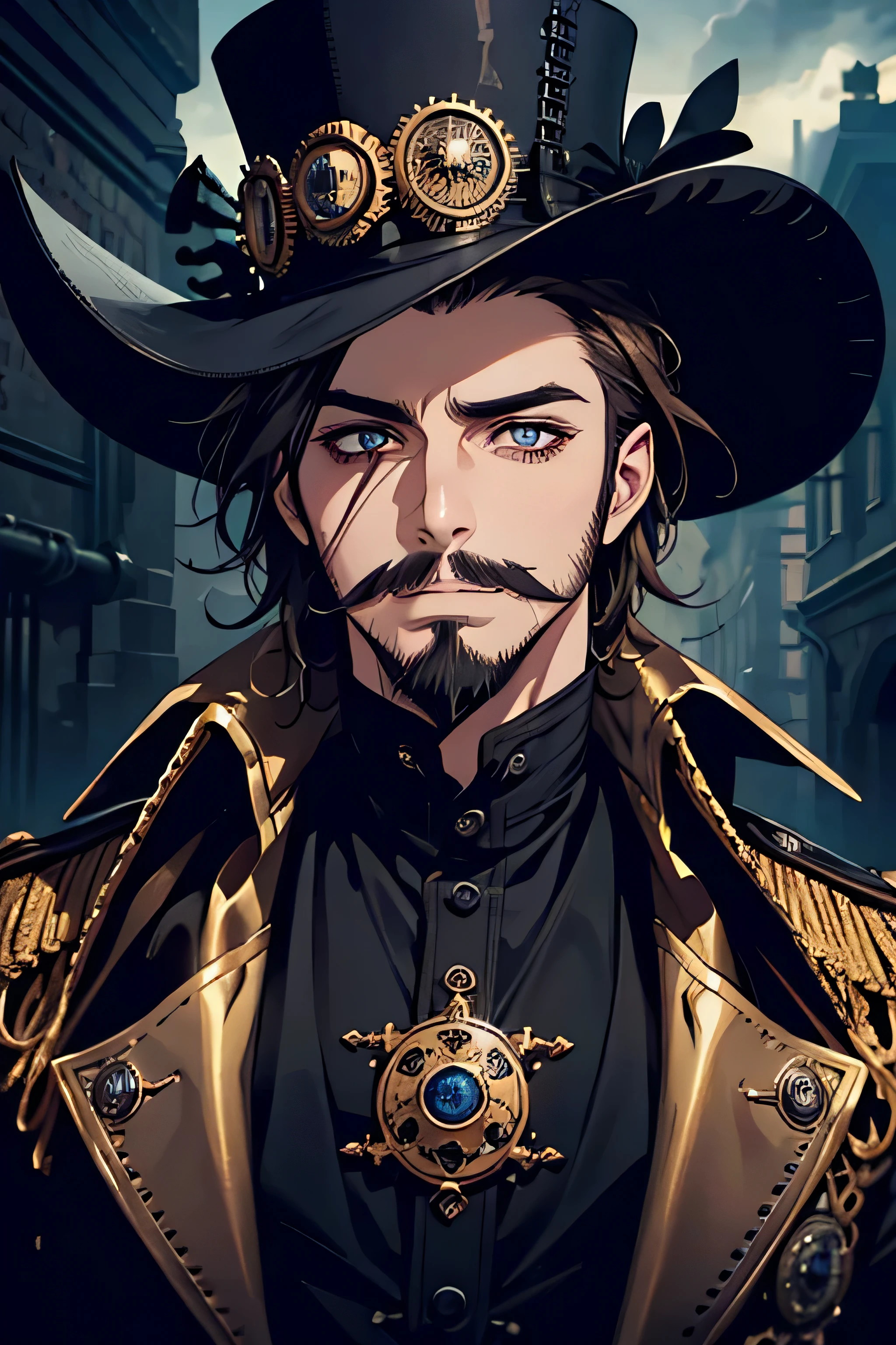 (absurd, high resolution, ultra detailed), steampunk theme, top hat, big beard, el Bandito mustache, 1 man smiling, adult, beautiful, Mad Scientist, Dark Man, Medium Brown Hair, brown eye crystal, mechanical left eyes, dark makeup , finely detailed eyes and detailed face, fantasy, night, dark theme, cinematic lighting, colorful, flying petal, cloudy sky, steampunk workshop, black clothes, dark theme, night, Dark night, detailed eyes, dark lighting.