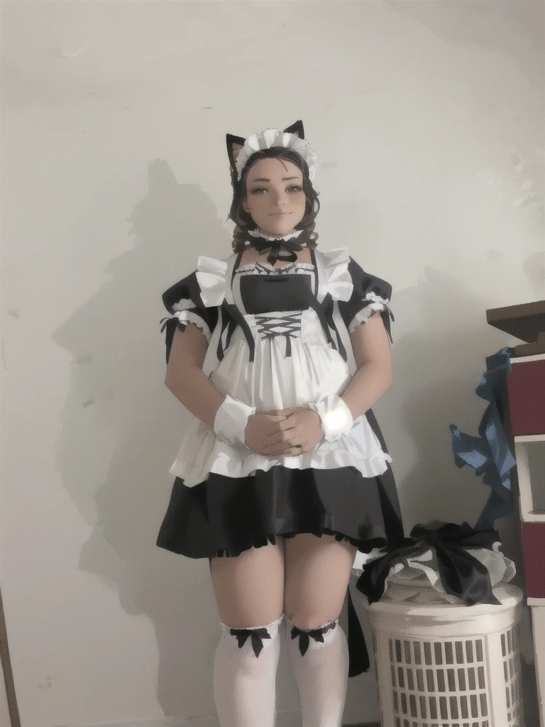 there is a woman in a maid outfit posing for a picture, cosplay of a catboy! maid! dress, maid outfit, anime girl in a maid costume, maid dress, wearing maid uniform, maid costume, french maid, anime cat girl in a maid costume, in a fancy dress, dressed in a frilly ((ragged)), full body with costume