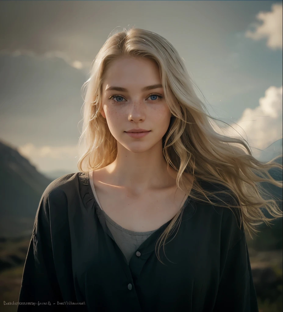 a one woman, americana, age 25, pale skin and freckles, grey-eyed, delicate nose, soft and delicate lips, distant, distant, wavy, waist-length blonde hair, Sweet smile, face with delicate feminine facial features, Highly Rendering