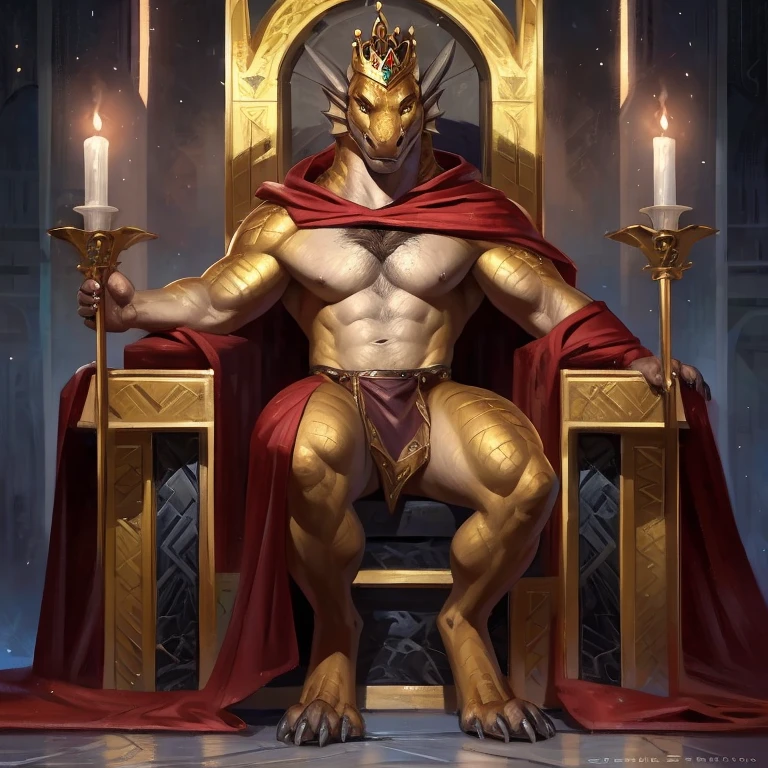 By Taran Fiddler, by greame, by arsauron, solo, dragon, male, bright golden scales, spikes, chest hair, throne, throne room, king, regal, crown, red cape, loincloth, upper body, portrait