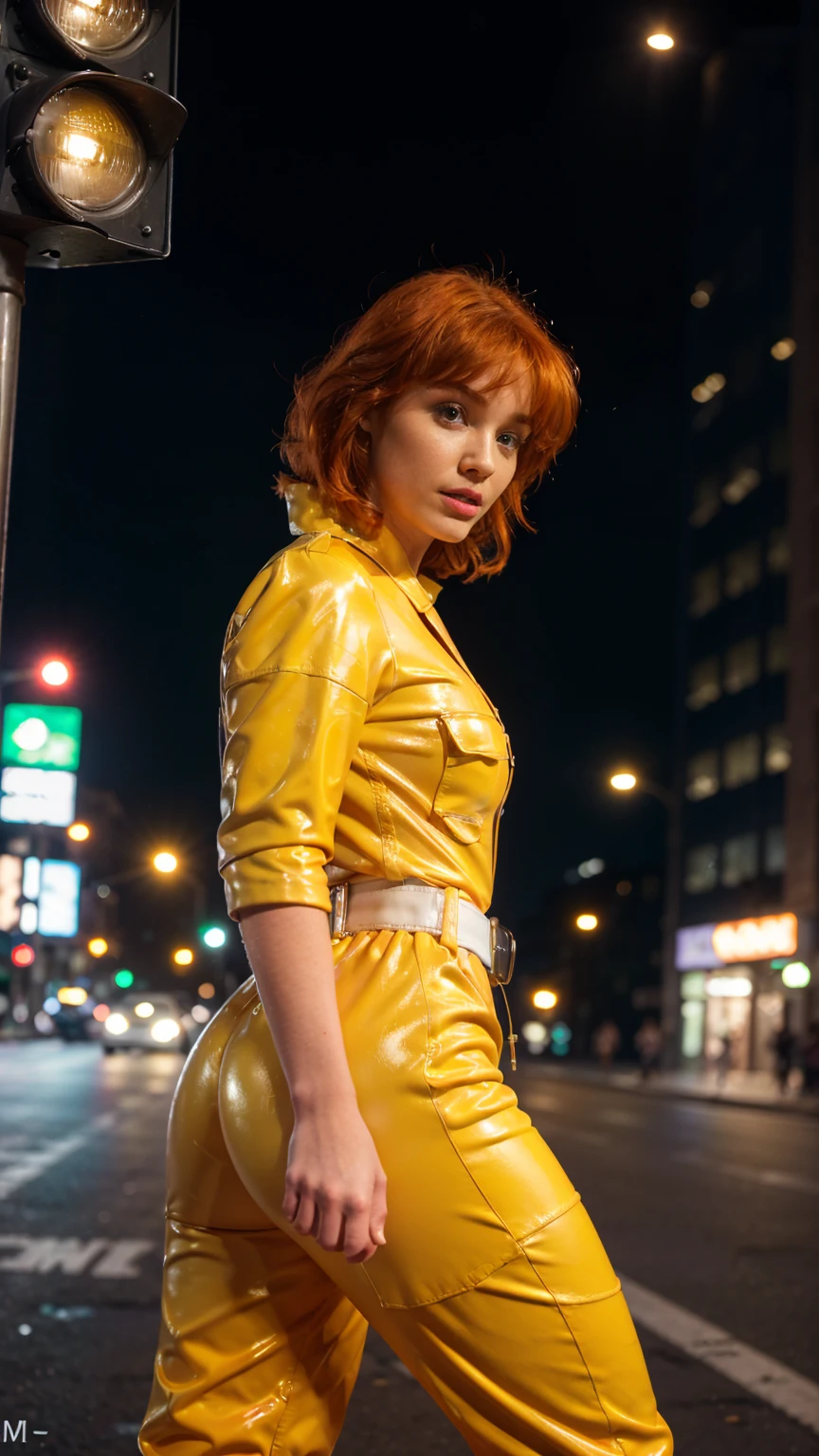 (masterpiece), (best quality), (solo character), (photorealistic:1.4), (chr1sh3n wearing white belt), (April O'Neil_v1 costume, jumpsuit), (yellow latex jumpsuit), (apriloneil white belt), (apriloneil boots), (aprilonei wearing watch), (epiCRealLife), (lora:epiCFlashPhoto), (red hair), (red lipstick), (brown eyes), (young woman), (flashphoto), (night time), (new york city street), (traffic light), (different camera angle shots), (look at viewers), (cowboy shots), (close up body), (walking), (close portrait),