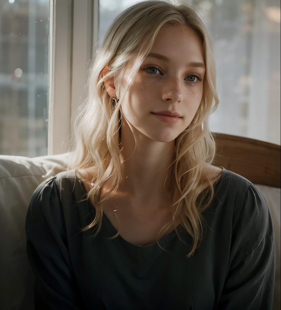 a one woman, americana, age 25, pale skin and freckles, grey-eyed, delicate nose, soft and delicate lips, distant, distant, wavy, waist-length blonde hair, Sweet smile, face with delicate feminine facial features, Highly Rendering
