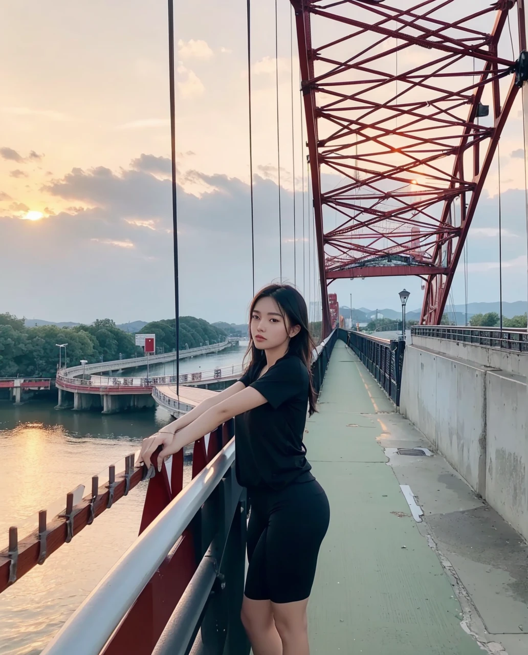 Beautiful woman in a black tight tshirt and tight shorts standing on a bridge, standing on a bridge, with sunset, connected with hanging bridge!!, dang my linh, on a bridge, during sunset, photo taken in 2 0 2 0, shot on nikon z9, picture, a picture, taken in 2 0 2 0, taken with sony alpha 9, hight quality photo