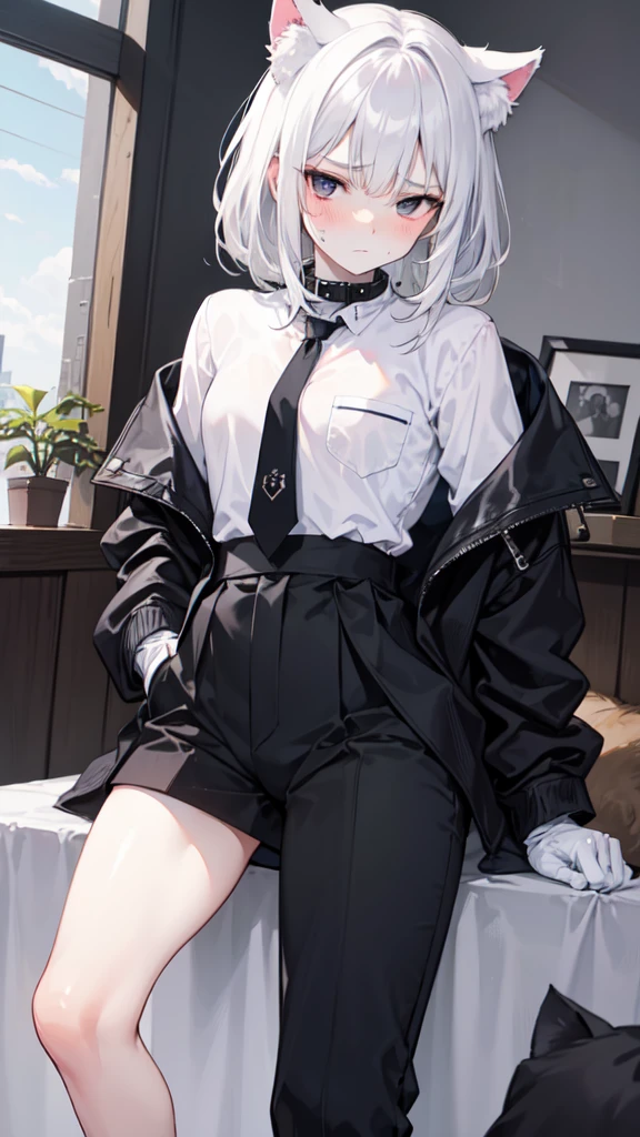 A 18-year-old boy, white and tender skin, cute, wearing white long-sleeved shirt, black jacket and black work tie, black trousers, black booties, white gloves, collar, white hair,wear cat ears, black eyes, thin waist, thin legs, handsome, disdainful and indifferent expression, shy, blush a lot, afraid, sweating, tired, pornography, Pornographic action，nsfw