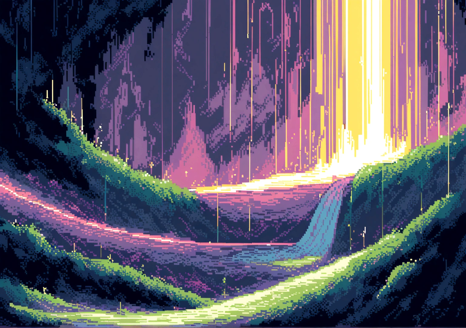 Elements: An arcade screen with a classic pixel art game running. The screen is made up of a matrix of code that distorts with the music. The game character moves and interacts with the environment to the music.
• Colors: Fluorescent tones of green, pink and yellow with points of white and yellow light.