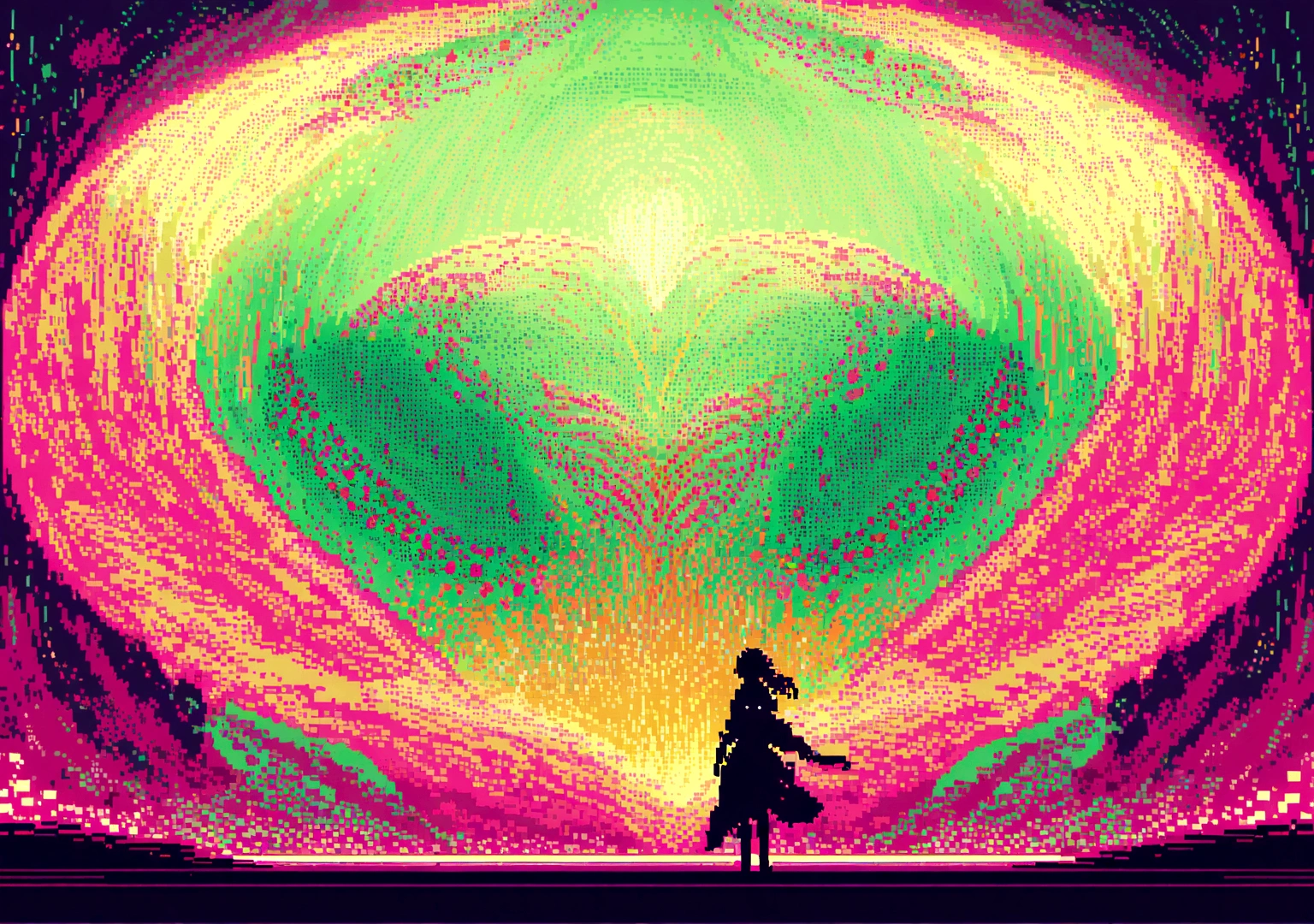 Elements: An arcade screen with a classic pixel art game running. The screen is made up of a matrix of code that distorts with the music. The game character moves and interacts with the environment to the music.
• Colors: Fluorescent tones of green, pink and yellow with points of white and yellow light.