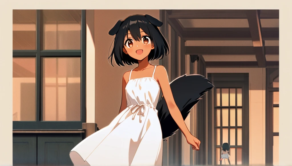 ((Anime Infinite Stratus Art, 8k, ultra full high definition, epic quality, epic texture)). The theme is a walk in the square. It's daytime. The setting is a small square, very detailed, with some playground toys, some children playing around. The focus of the scenario is a Girl, she is 10 years old, very short stature, she has dog black ears(long:1.9), black hair(short:1.9), black dog tail, bright brown eyes, tanned skin, thin, slightly toned, narrow chest, flat breasts , thin waist, narrow hips, she is wearing a beautiful white summer dress, she is tsundere, she walking in the square. The atmosphere is fun, funny and romantic.