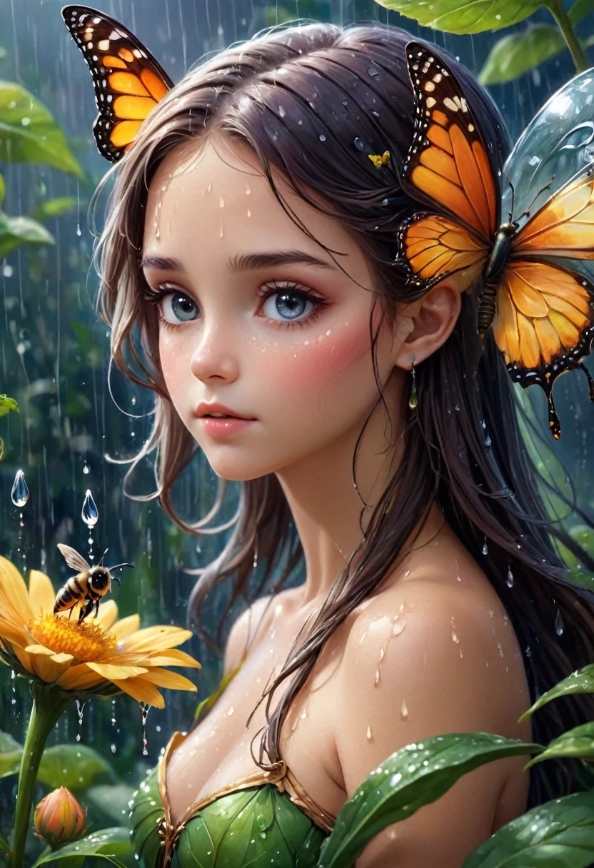 Create a gallery of the most beautiful and special and impressive and excellent and unique and extremely charming and attractive and beautiful forms of beauty. A masterpiece of art, a beautiful girl, a fairy, a butterfly, a bee, a flower, a leaf, a drop of water, a drop of rain, a special and symmetrical shape, a curved and beautiful shape, which It's a masterpiece.