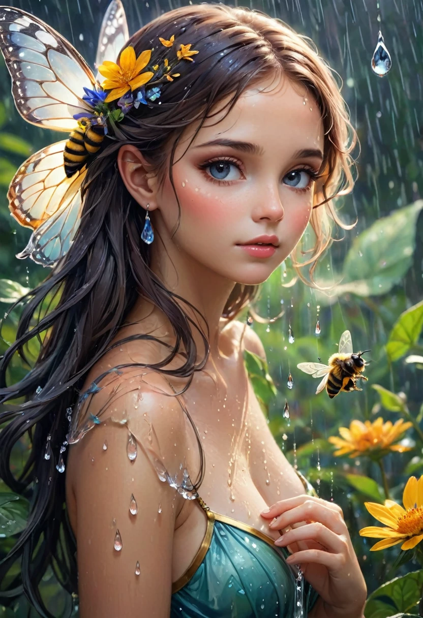 Create a gallery of the most beautiful and special and impressive and excellent and unique and extremely charming and attractive and beautiful forms of beauty. A masterpiece of art, a beautiful girl, a fairy, a butterfly, a bee, a flower, a leaf, a drop of water, a drop of rain, a special and symmetrical shape, a curved and beautiful shape, which It's a masterpiece.