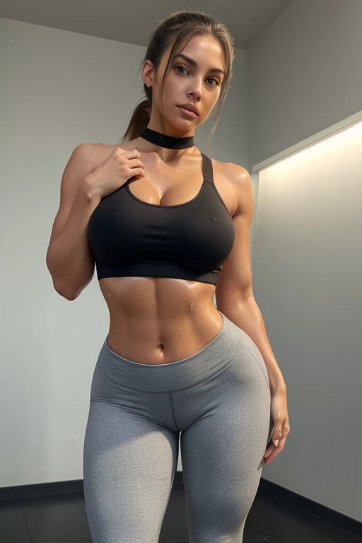 nsfw, highly detailed, realistic, hyperrealistic, full definition, high resolution, studio lighting, full body image, full body frame, zoomed out, full body frame, beautiful, sexy, hot, perfect, muscular, woman, wet hair, slim thicc and perfect body, accentuated curves, femininity, thick and juicy lips, dripping wet body, running shoes, tight, body hugging, tank top, yoga pants clevage, second skin, cool lighting, choker, ponytail hair, gym