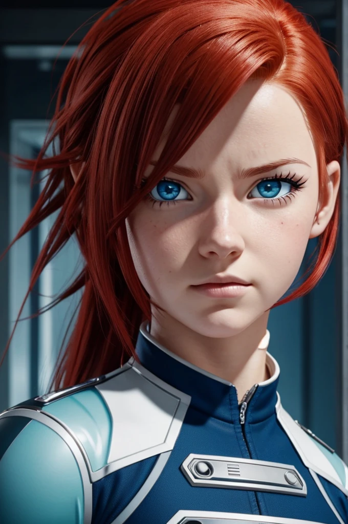Screenshot of My Hero Academia Girl with red hair and a blonde lock that falls over her forehead.
Beta blue eyes that transmit depth like the sea A scar from the cheek to the neck