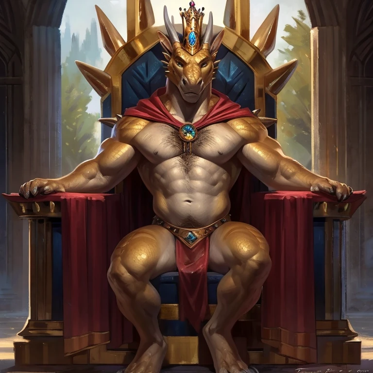 By Taran Fiddler, by greame, by arsauron, solo, dragon, male, bright golden scales, spikes, chest hair, throne, throne room, king, regal, crown, red cape, loincloth, (upper body), (portrait)
