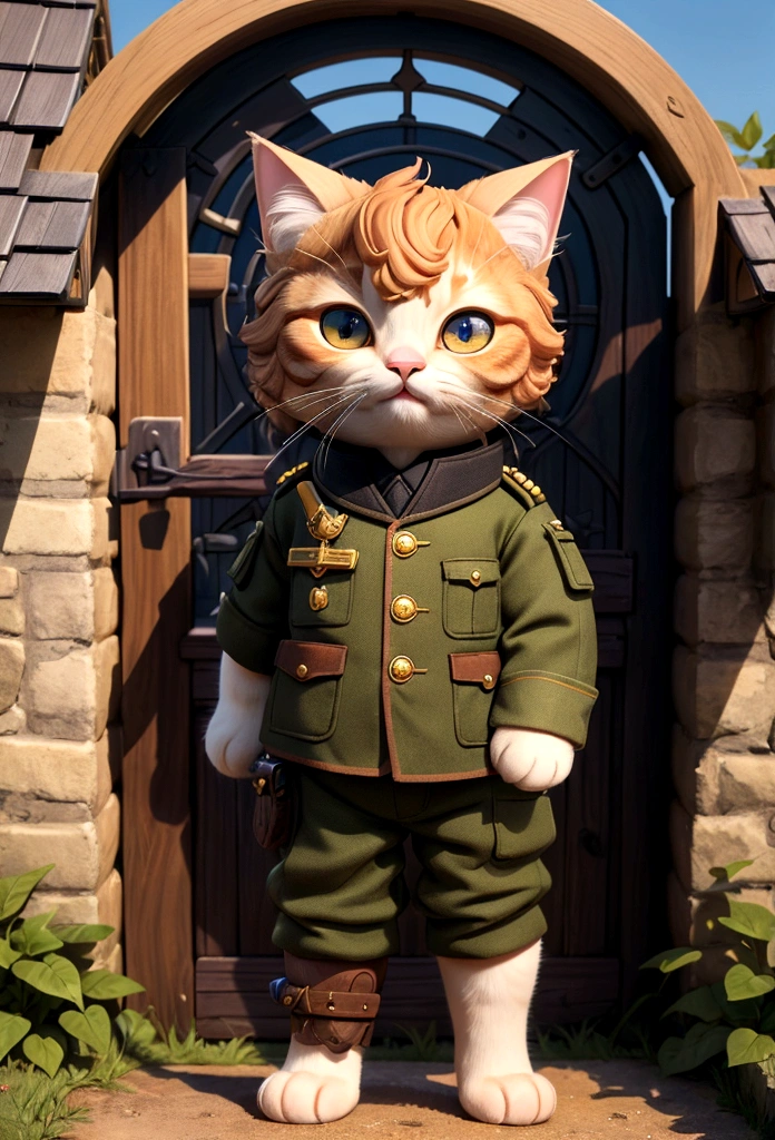 In a small, peaceful village surrounded by rolling hills, a fluffy ginger cat named Captain Oliver stood proudly at the gate of his home. Captain Oliver, standing like a human being, wore crisp military clothes adorned with medals. His big, round eyes were filled with determination as he looked out over the horizon. (good quality:1.2), (Ultradetailed:1.2), (ultradetailed face:1.2), (ultradetailed body:1.2)