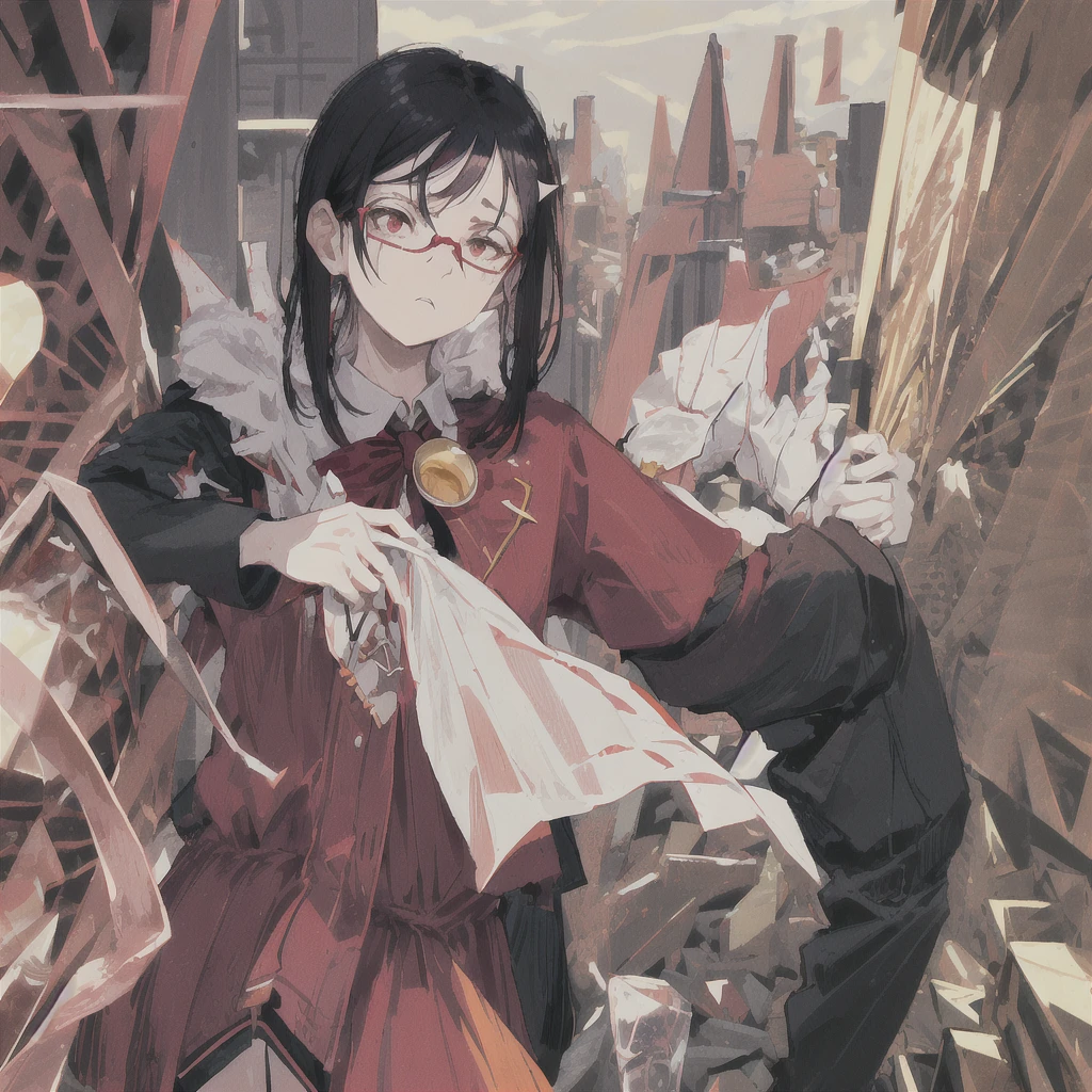  Woman of 17 years old, unglued, wear wine-colored clothes, wear glasses, Bblack hair, moral look, carrying a stone representing his brute strength, a small lesbian flag brooch,アニメ