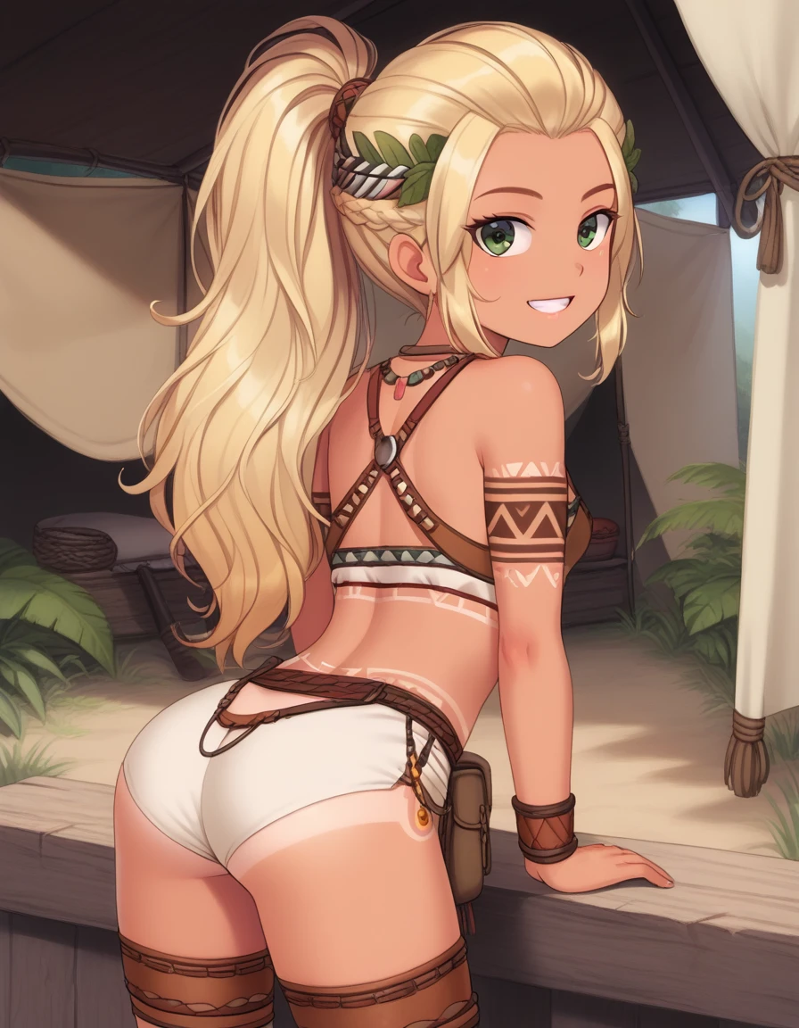 1girl, multiple colored hairs, smile, leaning forward, outside, posing, background, amazon warrior outfit, ponytail, (view from behind), 9 , (tomboy), blonde hair, slender, pert ass, high details, sharp detailed face, detailed eyes, young, long and wild amazon hair, amazon, long hair, tattoo, tanned, in a tribal village with leaf huts and tents, very small breasts, fur, revealing amazon outfit, ikuchan, thong, pert ass, asscheeks, thong wedged between asscheeks, big asscheeks, tribal tattoos, 1 animal, wolf,