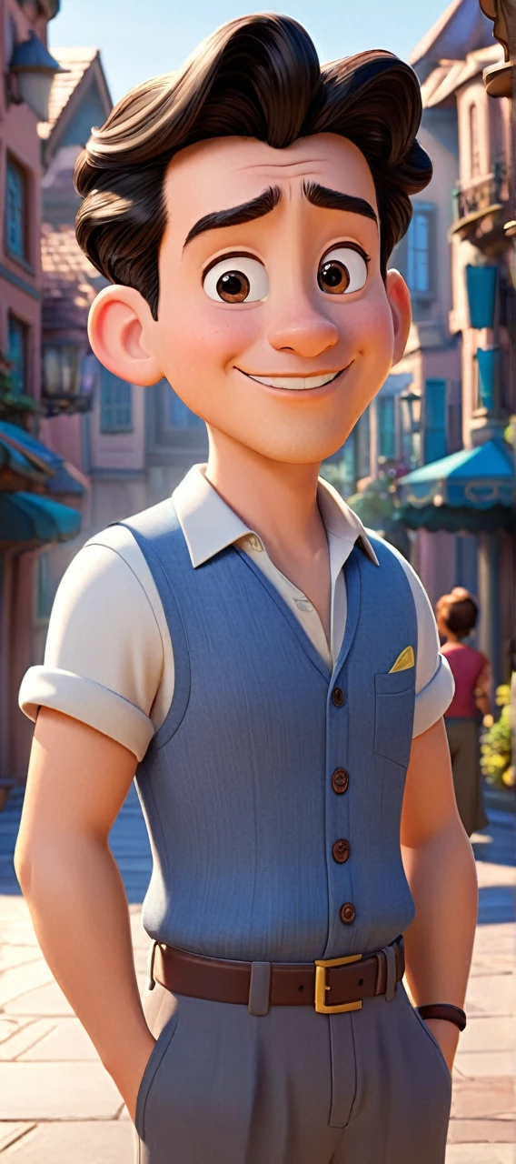 3d cartoon character of man from Disney&#39;s Fun Mind movie, com olhos castanhos, with side-swept hair and a black suit and red tie and dress shoes 