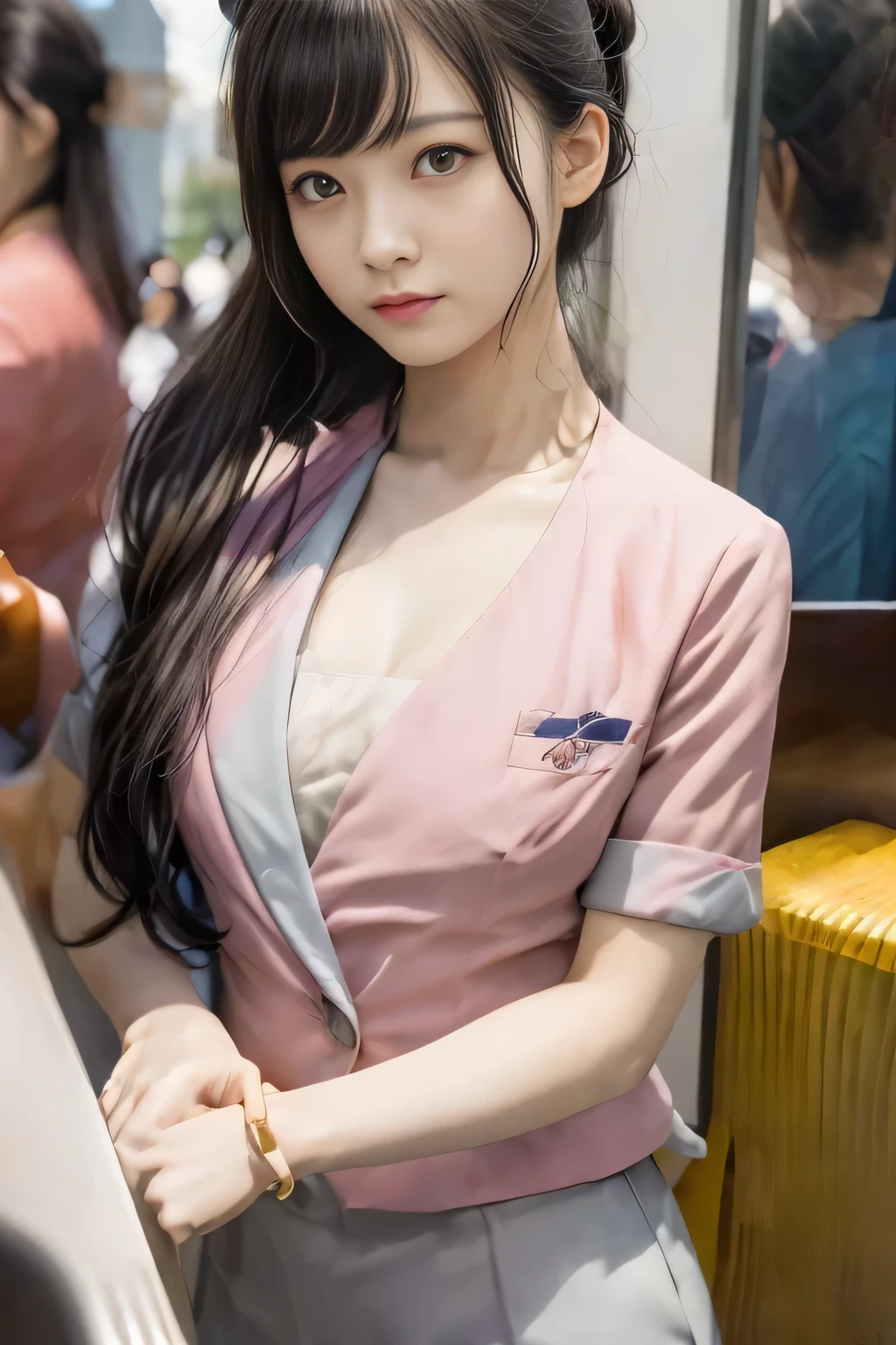 (masterpiece:1.2, Highest quality:1.2), 32k HDR, High resolution, (alone、1 girl)、 (Height: 160cm)、(On the rooftop of a building in the daytime、Professional Lighting)、Building rooftop background、(Nankai train crew uniform pinkを着たリアルスタイル)、(Nankai train crew uniform pink short sleeve collarless pink jacket、Nankai Train Crew Uniform Pink Collarless Short Sleeve Blouse、Nankai Train Crew Uniform Pink Grey Knee-length Culottes)、(The pink jacket is showing from the culottes.)、Dark brown hair、(Hair tied up、Hair tied up、Evening curly hairstyle)、Dark brown hair、Long Shot、Big Breasts、Thin legs、((Great hands:2.0)),((Harmonious body proportions:1.5)),((Normal limbs:2.0)),((Normal finger:2.0)),((Delicate eyes:2.0)),((Normal eyes:2.0)))、smile、(Nankai Train Crew Uniform Pink Grey Knee-length Culottesを見せた美しい歩く姿)、Big Breastsを見せる、Showing her breasts through her jacket、Place your hands around your stomach