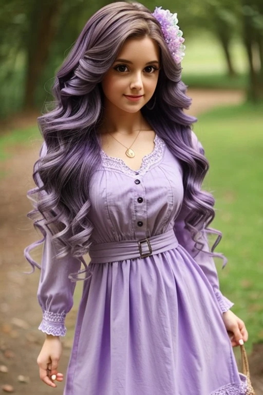doll, long curly hair below the waist in lilac dress