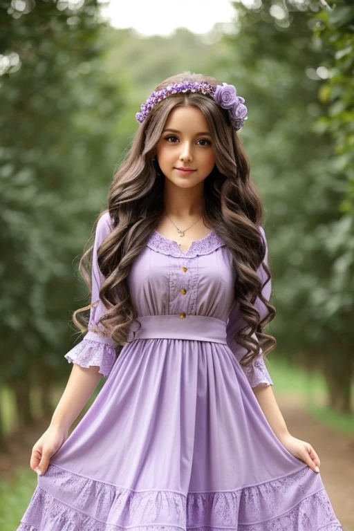 doll, long curly hair below the waist in lilac dress