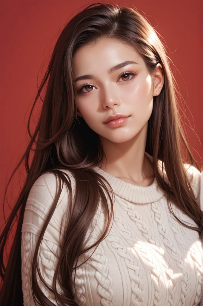 score_9,score_8_up,score_7_up, 25 years old, 8k, hd, beautiful girl, brown hair, brown very long hair, straight hair, closed mouth,
1girl, detailed face, beautiful woman's face, sweater, red background, looking at viewer,