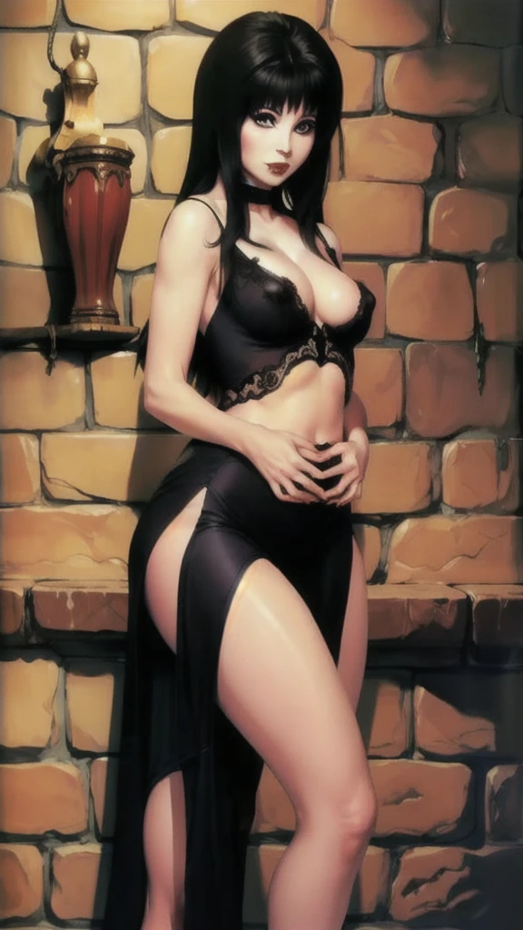 Elvira, masterpiece quality, (masterpiece quality:1.3), detailed, realistic, (realistic:1.3), black hair, beehive haircut, in a castle keep, pipe organ in background, wearing black dress, small breasts, (small breasts:1.5), thin body, lots of cleavage,