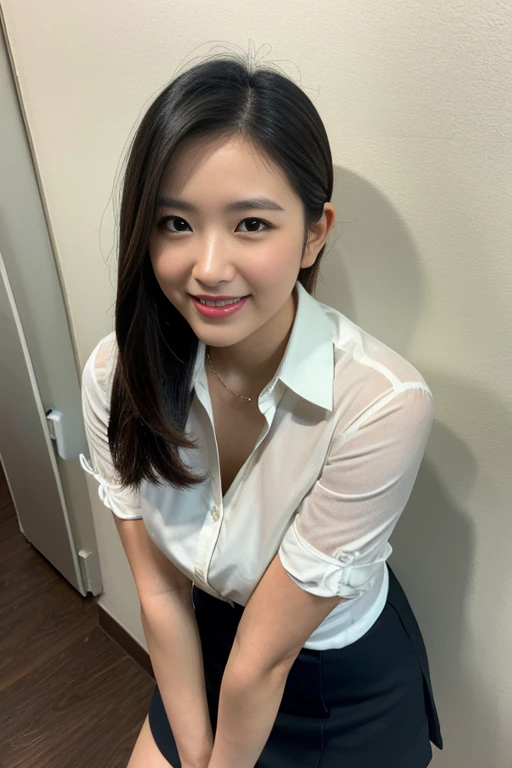 (A beautiful Japanese office lady, age 28, wearing formal White shirt with buttons & grey mini-skirt, standing under midnight sky, thoughtful expressions, kind smile, dimpled chins, cute snaggle-tooth, short bob hair ponytail, symmetrical face, realistic detailed face, beautiful detailed eyes, perfect body proportions, ample round bosoms, photorealistic, hyper-realism, high contrast, ultra HD, realistic skin textures, top image quality, top-quality, super high resolution, fine details, very meticulously, masterpiece, head to knees, High Angle Shot, bokeh background)