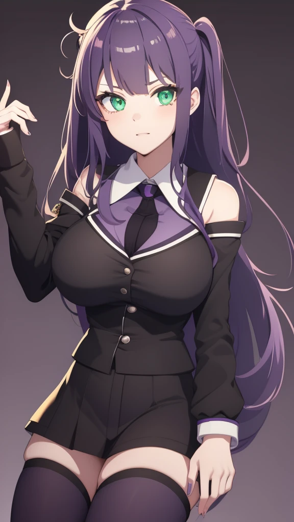 1girl,green eyes,purple semi-long hair,gigantic breast,seifuku