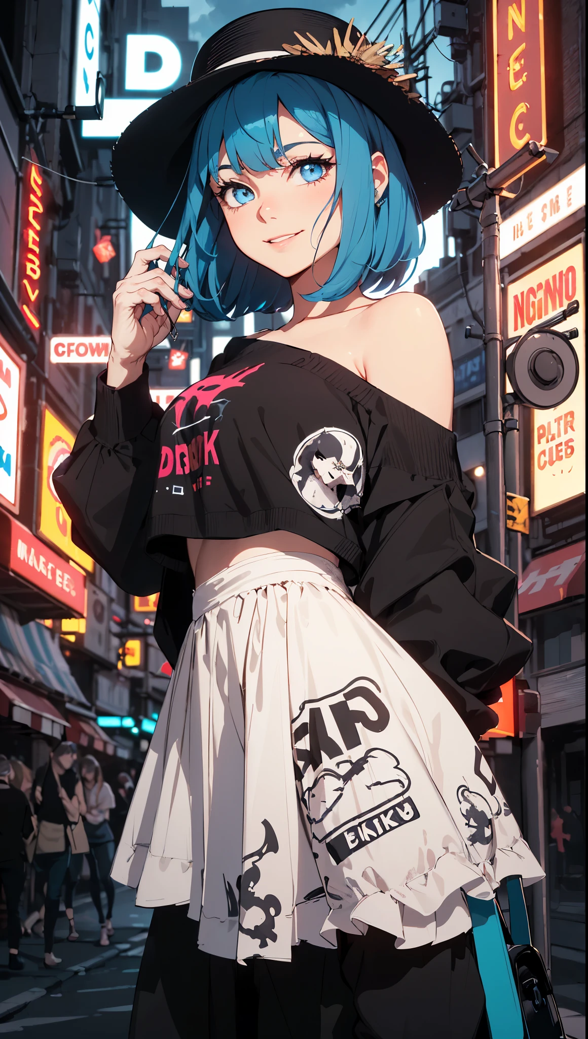 Cuber punk style,(movie poster:1.2), Soft lighting, (Dramatic angle:1.25), (One:1.4), (1 girl), ((sapphire hair), bob Hair), Blue eyes, (smile), street straw hat, (off shoulder shirt), (Looking away:1.3), fantastically noir style, light, night sky with clouds, (neon street:1.3), (Masterpiece:1.2), ultra detailed, (Best quality), Illustration, (depth of field), one women 