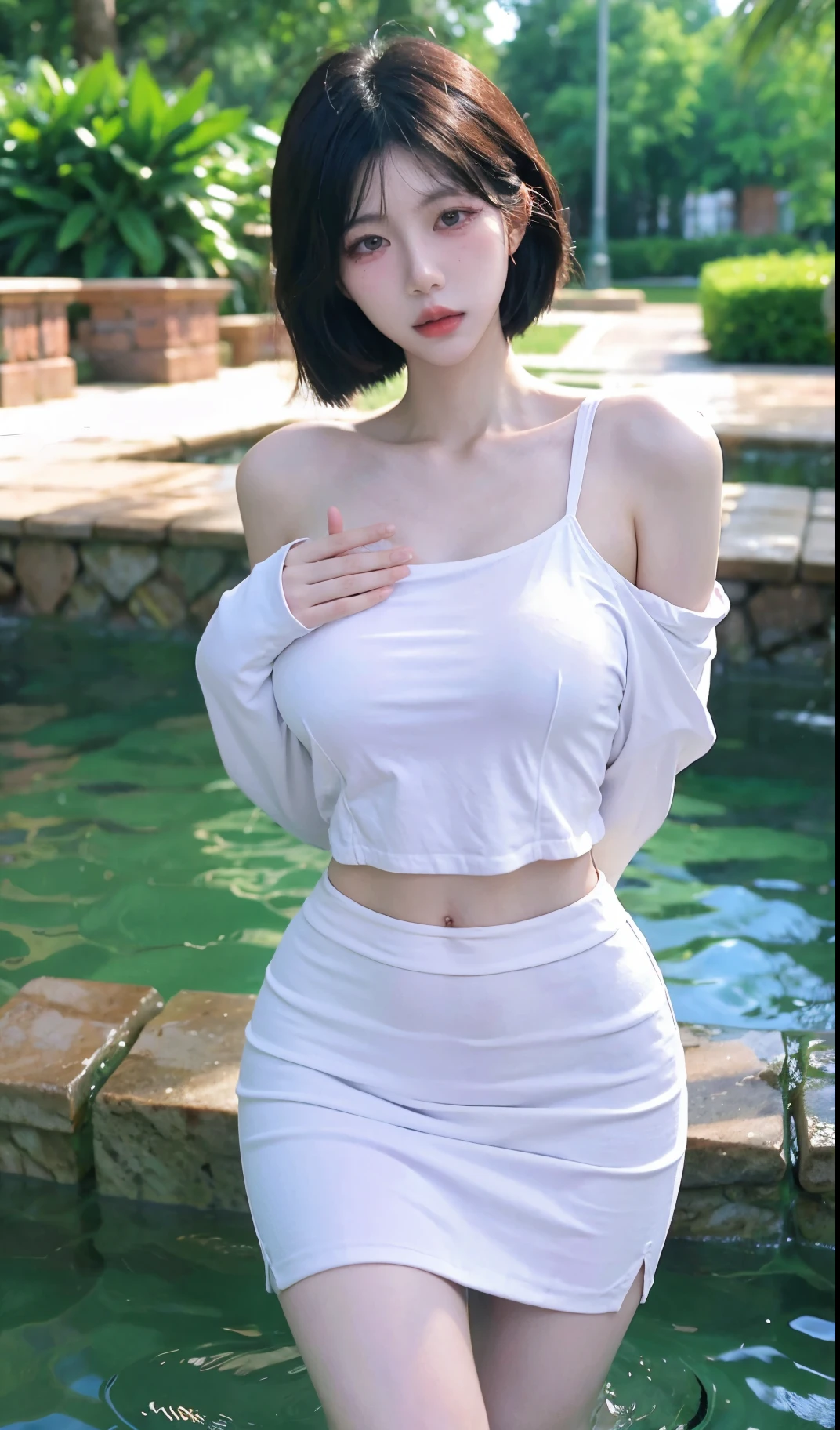 Beautiful woman with perfect figure:1.4，Ultra-high resolution，White legs，Put your hands behind your back，Swimming background，Big breasts：1.6，（Realism:1.4)，perspective，Layered hairstyle，Snow white skin，JK:1.5，Super short pleated skirt，whole body：1.4，Very delicate and skin texture，Double eyelids，Skin Whitening，Long hair，White hair
