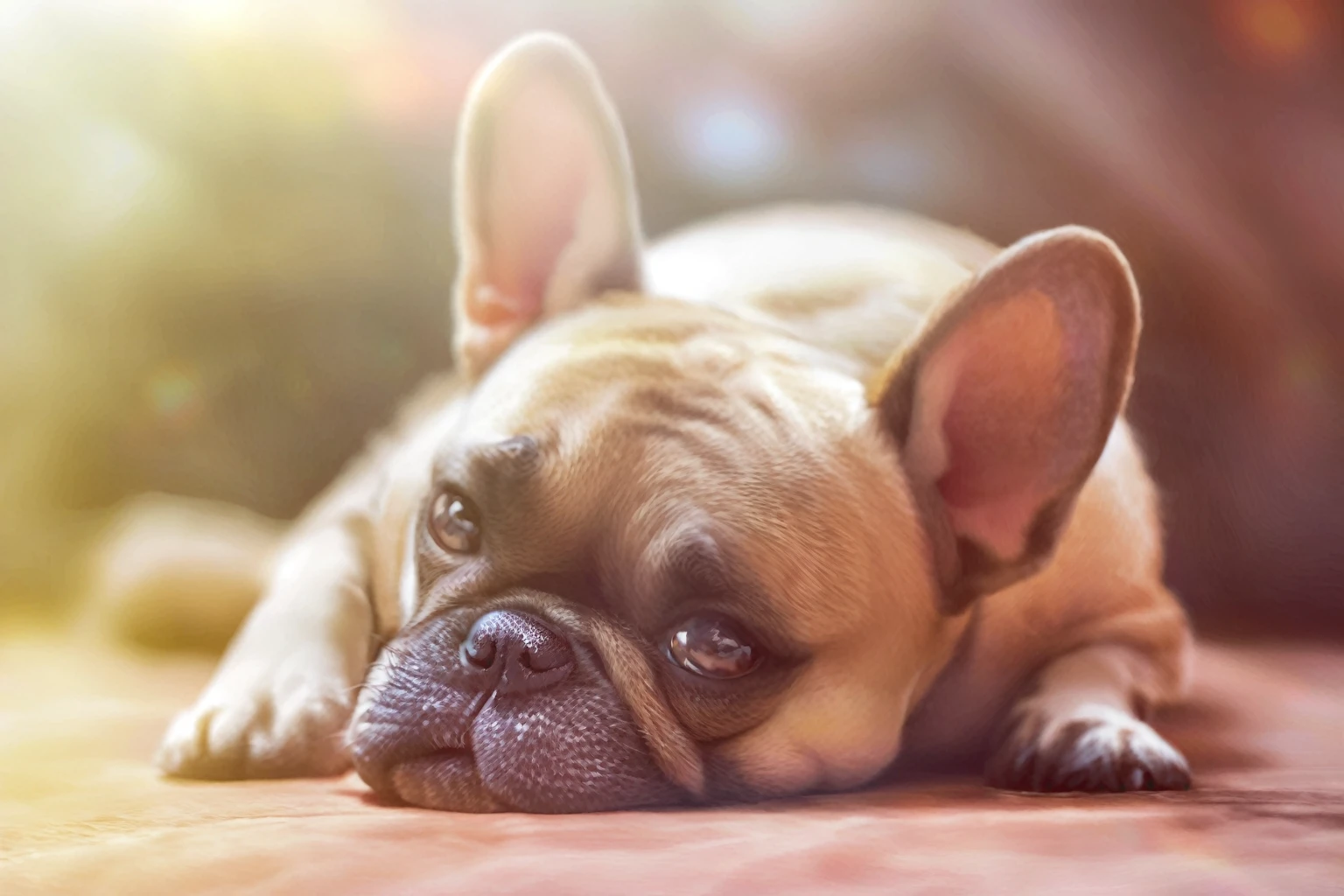 Anime Style，There is a dog lying on the floor, French Bulldog, Portrait Shot, Sleeping dog, シャッターstock, The sun shines, Strong sunlight, Cute dog, Afternoon sunshine, During a break on a tough day, Beautiful appearance, Close-up portrait, During a break, Lying down, Golden hour in the morning, Looks tired, Perfect refreshing sunlight, Pet Animals, stock, Rich texture