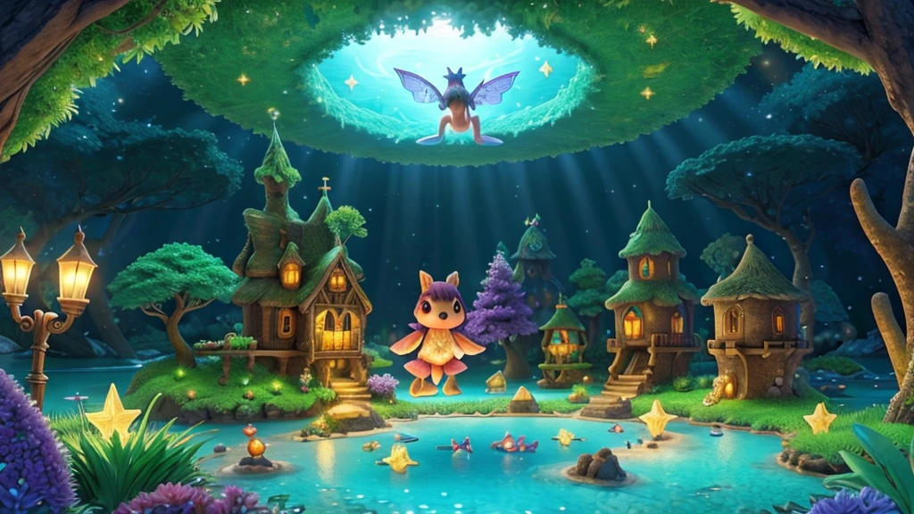 A magical underground world, with twinkling lights, magical creatures like fairies flying around, and a lagoon with crystal clear waters. In the center of the lagoon, an island with a shining tree, irradiando uma luz suave e acolhedora."