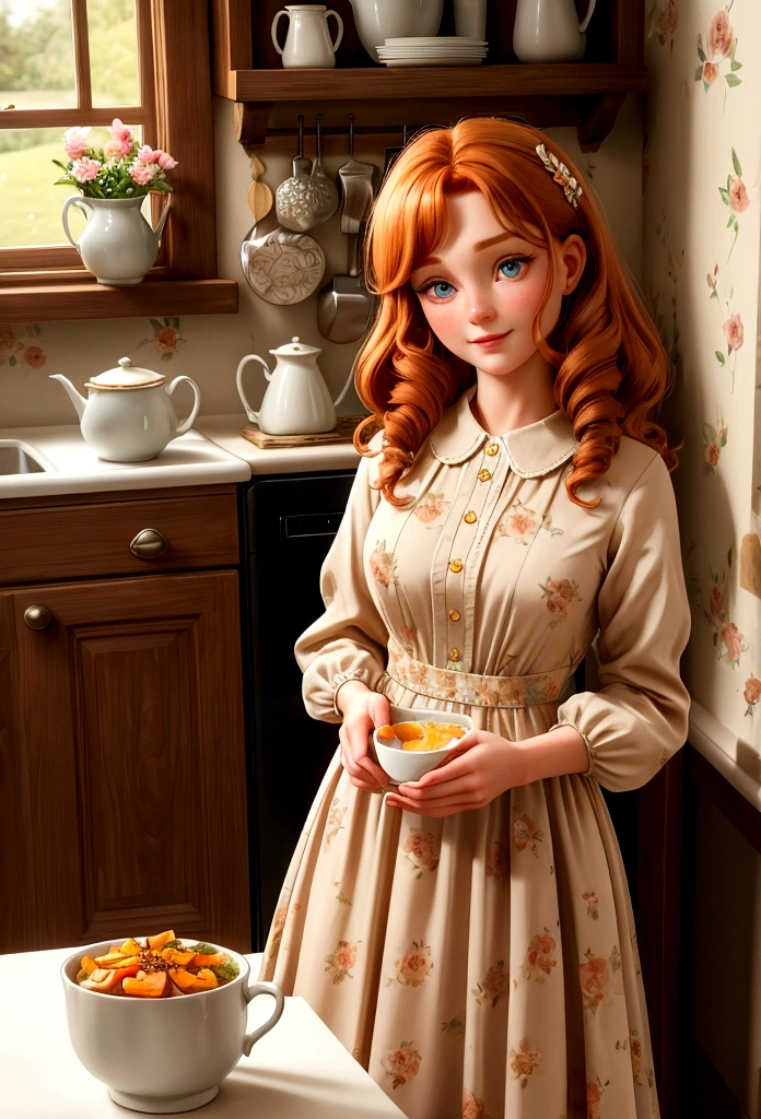 Inside the charming cottage, Captain Oliver's wife, a beautiful ginger cat named Amelia, stood in the kitchen. Amelia, also standing like a human being, wore a lovely floral dress that complemented her soft, fluffy fur. Her gentle eyes sparkled with warmth as she prepared breakfast for the family. (good quality:1.2), (Ultradetailed:1.2), (ultradetailed face:1.2), (ultradetailed body:1.2)