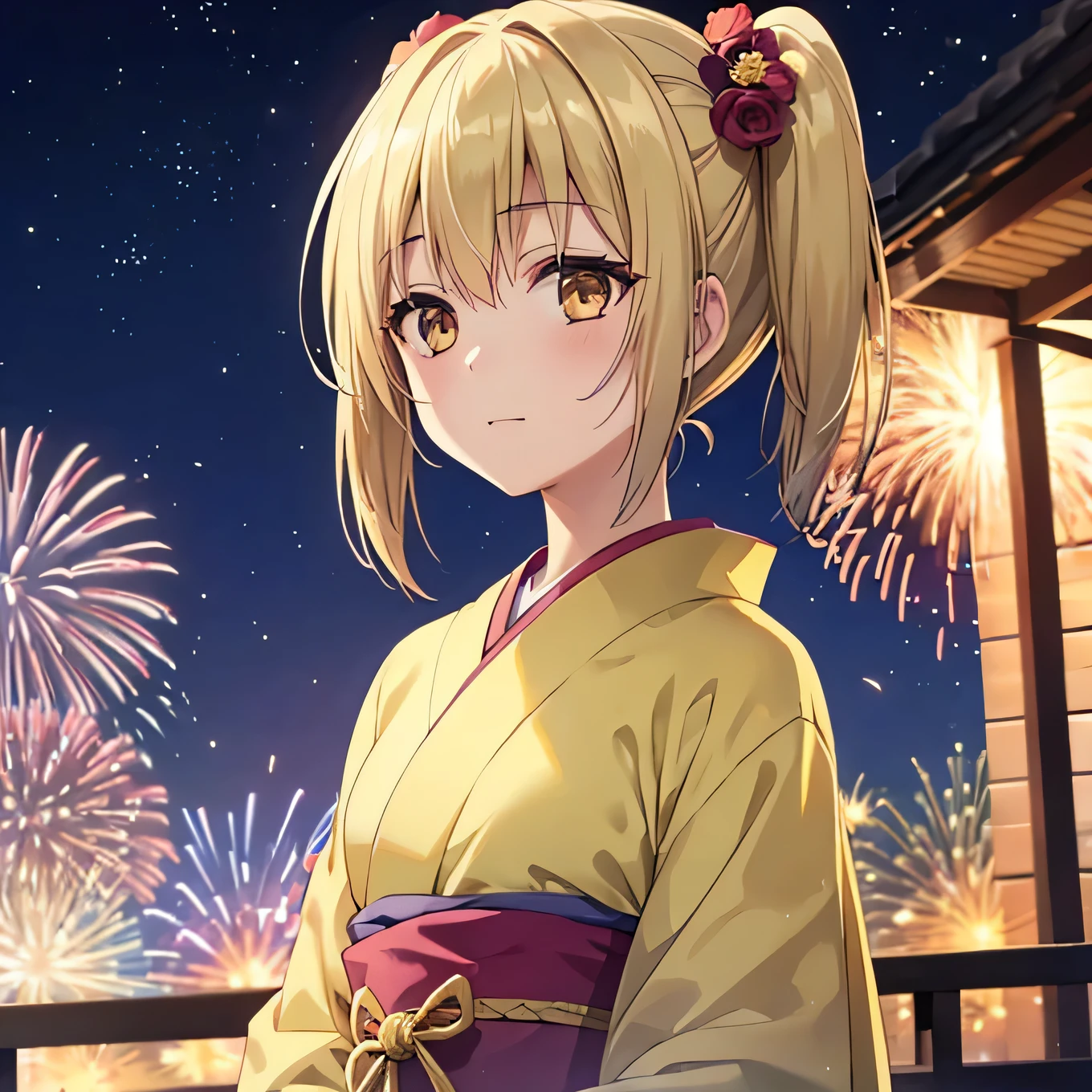 Kyoko kimono in the night firework ,Blonde hair , yellowish eyes, pig tailed haired