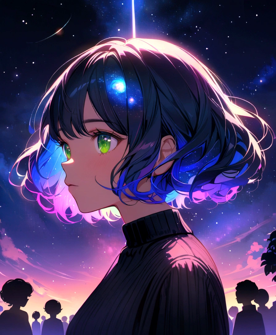 Sky, Pink and blue lighting, it's night, the night is full of stars, there are planets in the sky, bright colors, Incredible details, Shiny hair, spectacular hair, , short hair, galaxy hair, green eyes, Looking at the spectator, silhouette, tanned, black sweater,