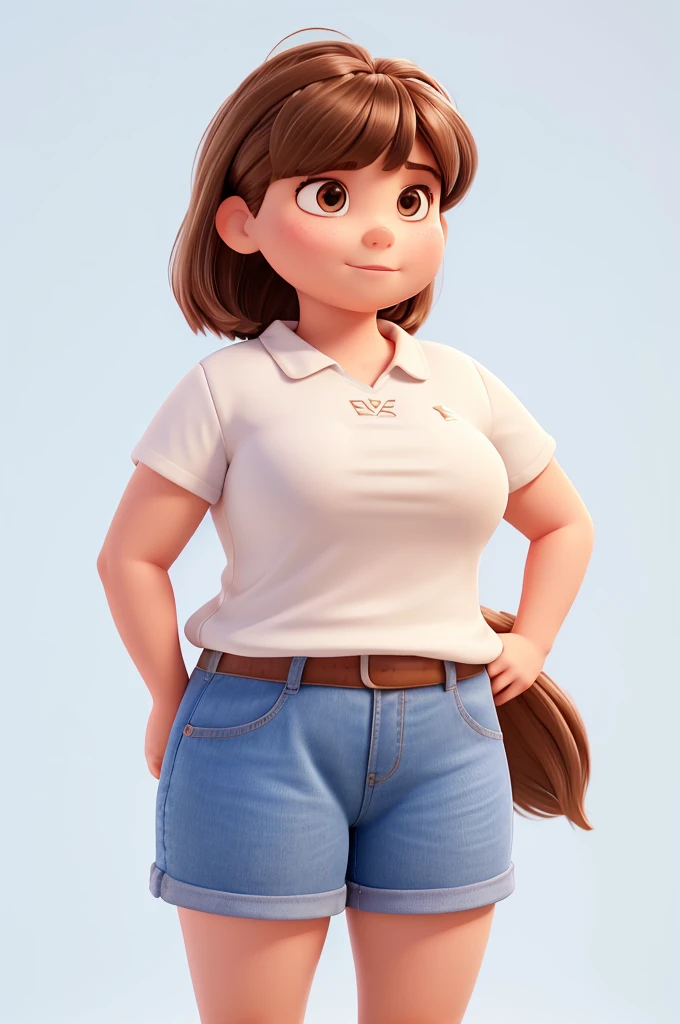 pixar style figure with white background of a girl with mullet haircut to the beginning of the back straight bangs, very short bangs and brown hair feminist woman plump body with fente whatever, straight straight bangs, and with the.shaved sides, That she is medium chubby in body but with a V jaw and that she is looking straight ahead.